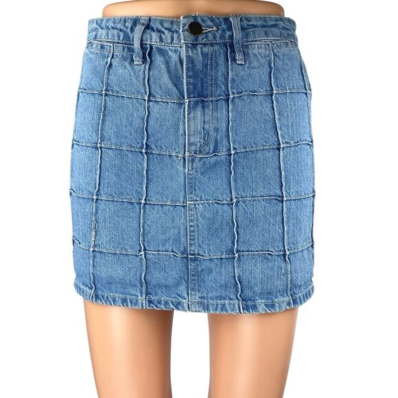 Forever 21 Women's Blue Patchwork High Waisted Pencil Denim Mini Jean Skirt 25 - Picture 1 of 5